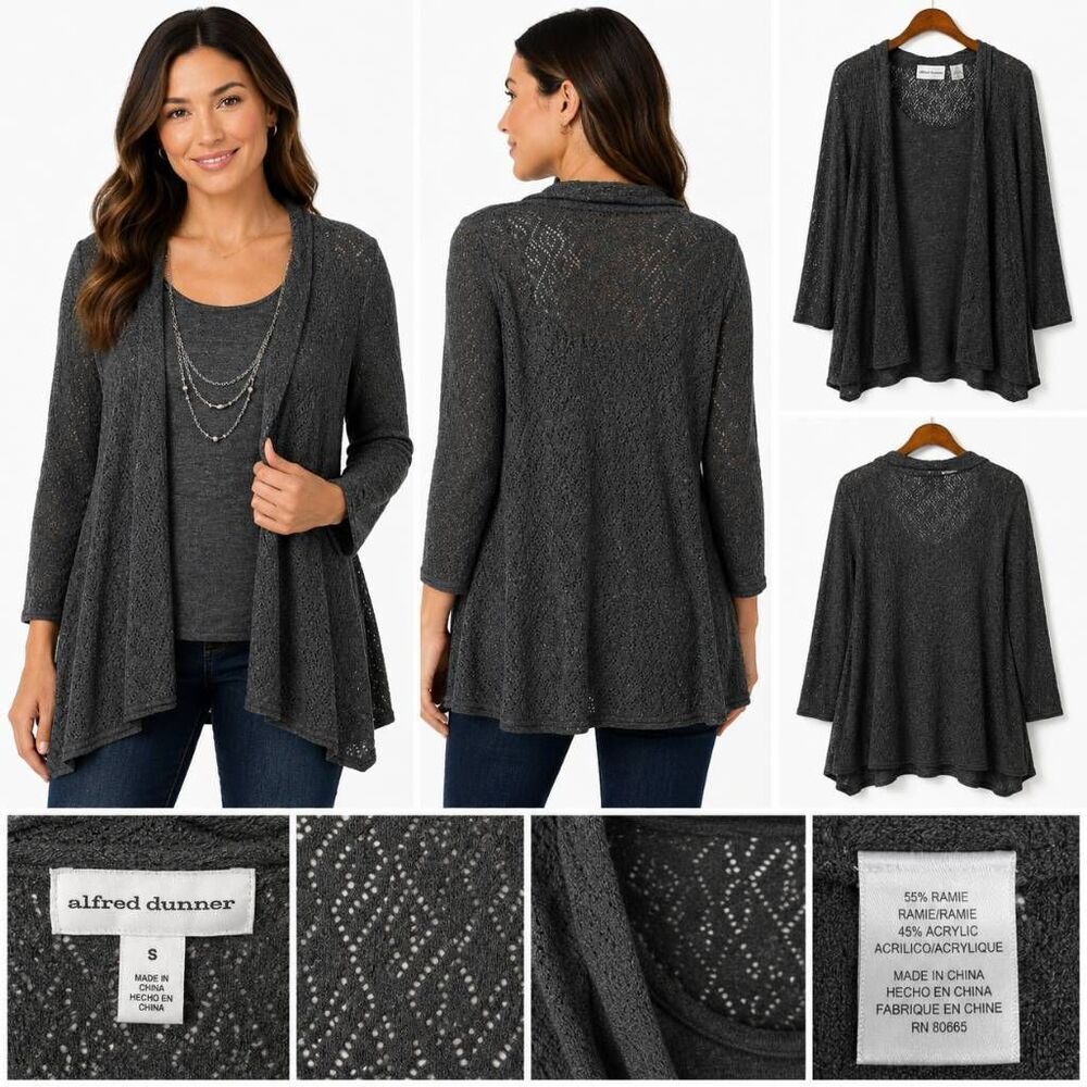 Alfred Dunner Gray Open Front Pointelle Cardigan Sweater S